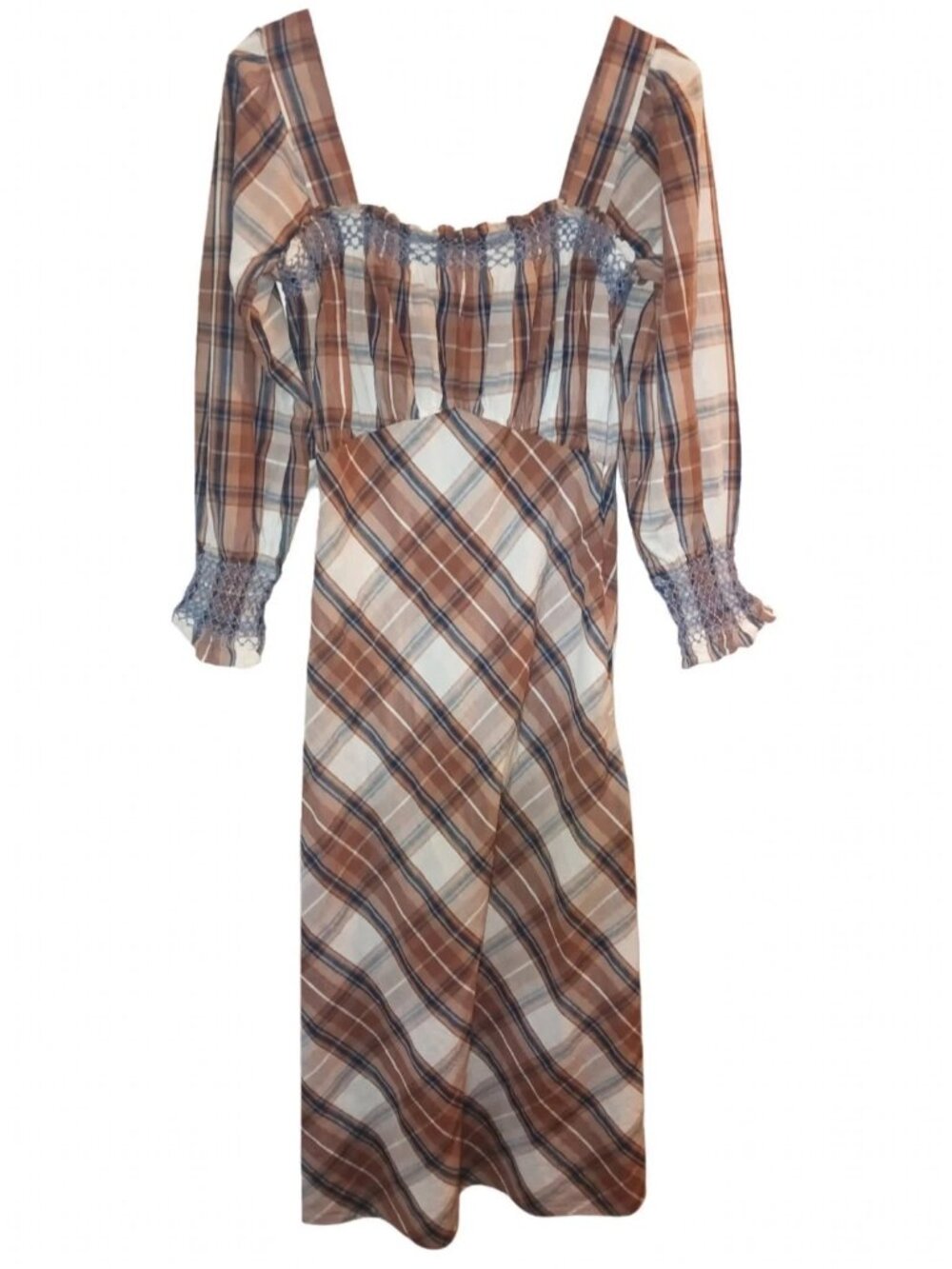 MILLE Joan Chateau Cotton Check Brown Plaid Smocked Midi Medium Dress